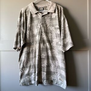 Tommy Bahama Polo Shirt Men XL Tan Green Hawaiian Floral Pineapple Pocket Cotton